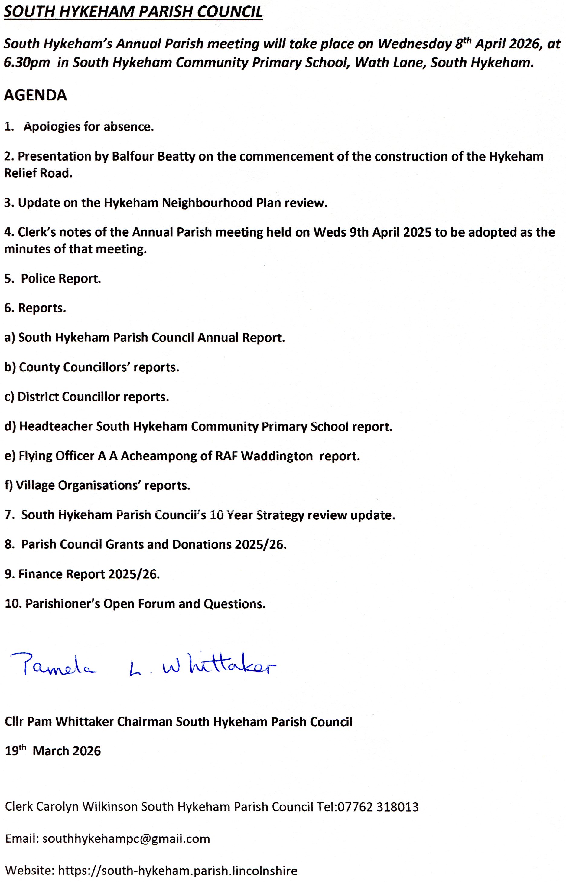 Annual parish meeting agenda weds 8th april 2026 6 30pm