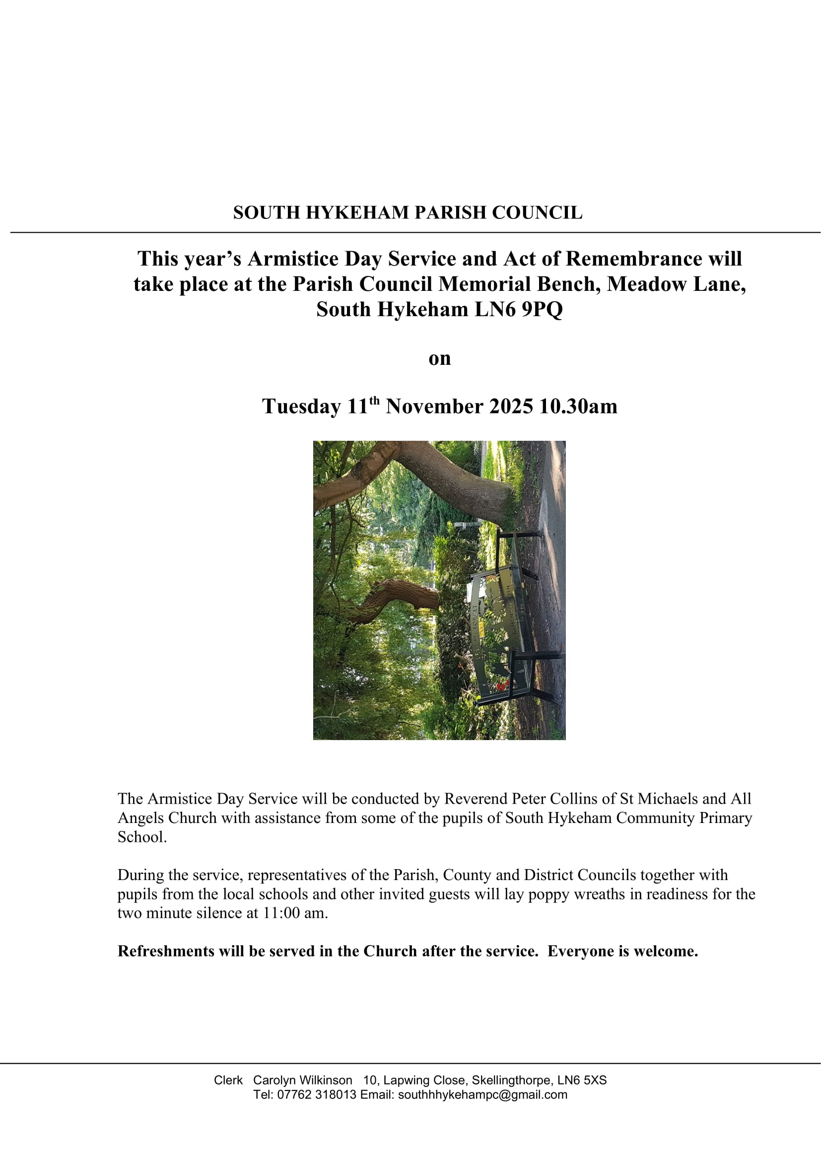 Armistice day service invitation to parishioners